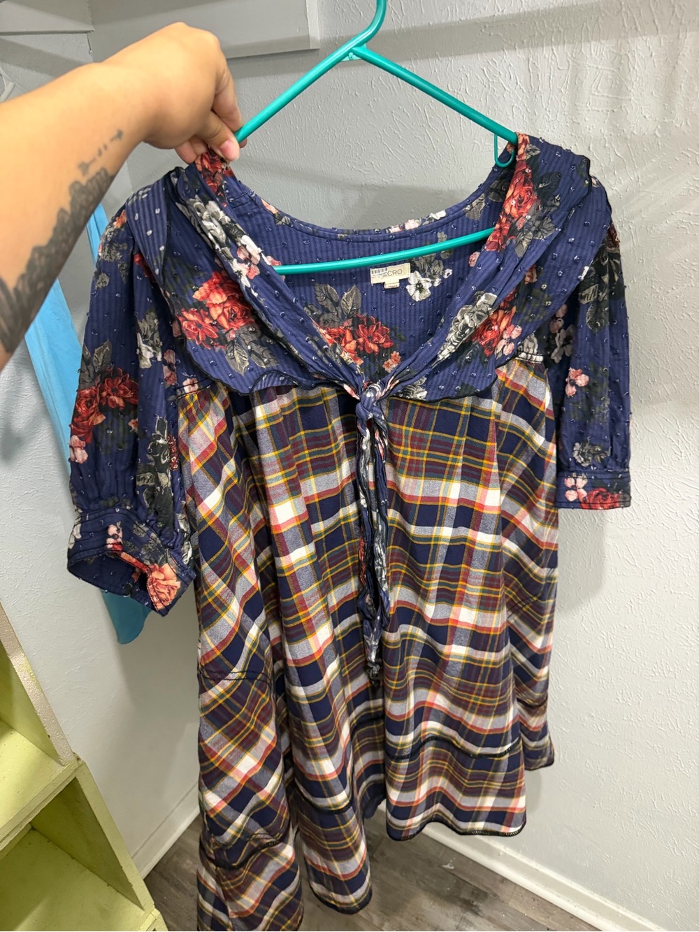 Anthropologie Navy Floral & Plaid Tie-Front Tunic